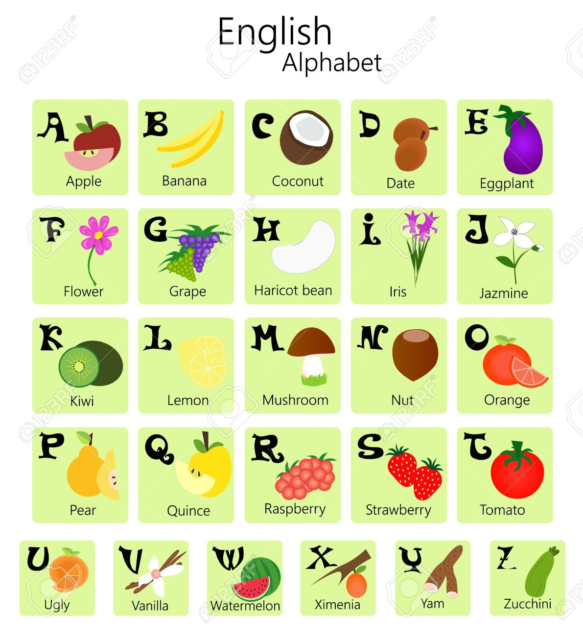 Illustration Of English Alphabet From A To Z With Fruits And Vegetables Royalty Free SVG Cliparts Vectors And Stock Illustration Image 51695765 