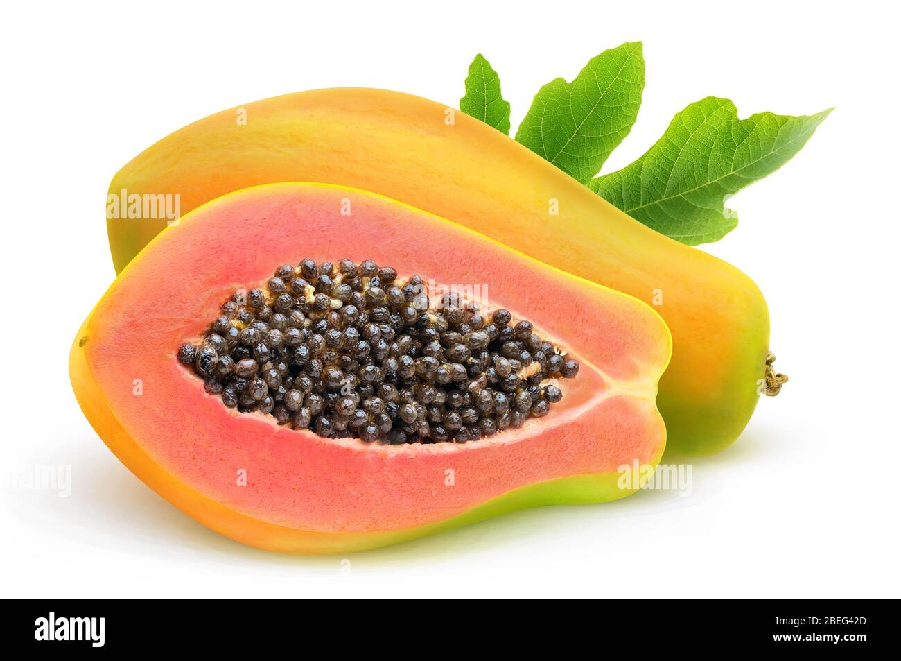 Isolated Papaya One Papaya Fruit And A Half With Leaf Isolated On 