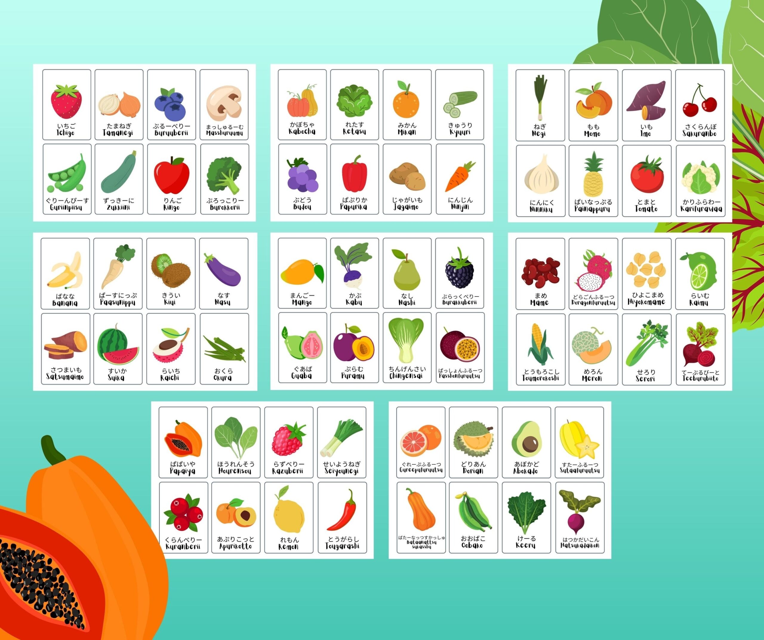 Japanese Fruits And Vegetables Educational Flashcards For Children 64 Flashcards Pdf Etsy