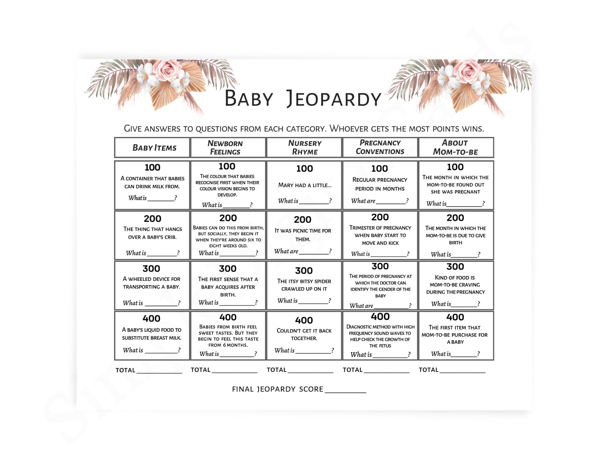 Jeopardy Baby Shower Game Boho Baby Shower Quiz Floral Boy Girl Gender Neutral Digital Download
