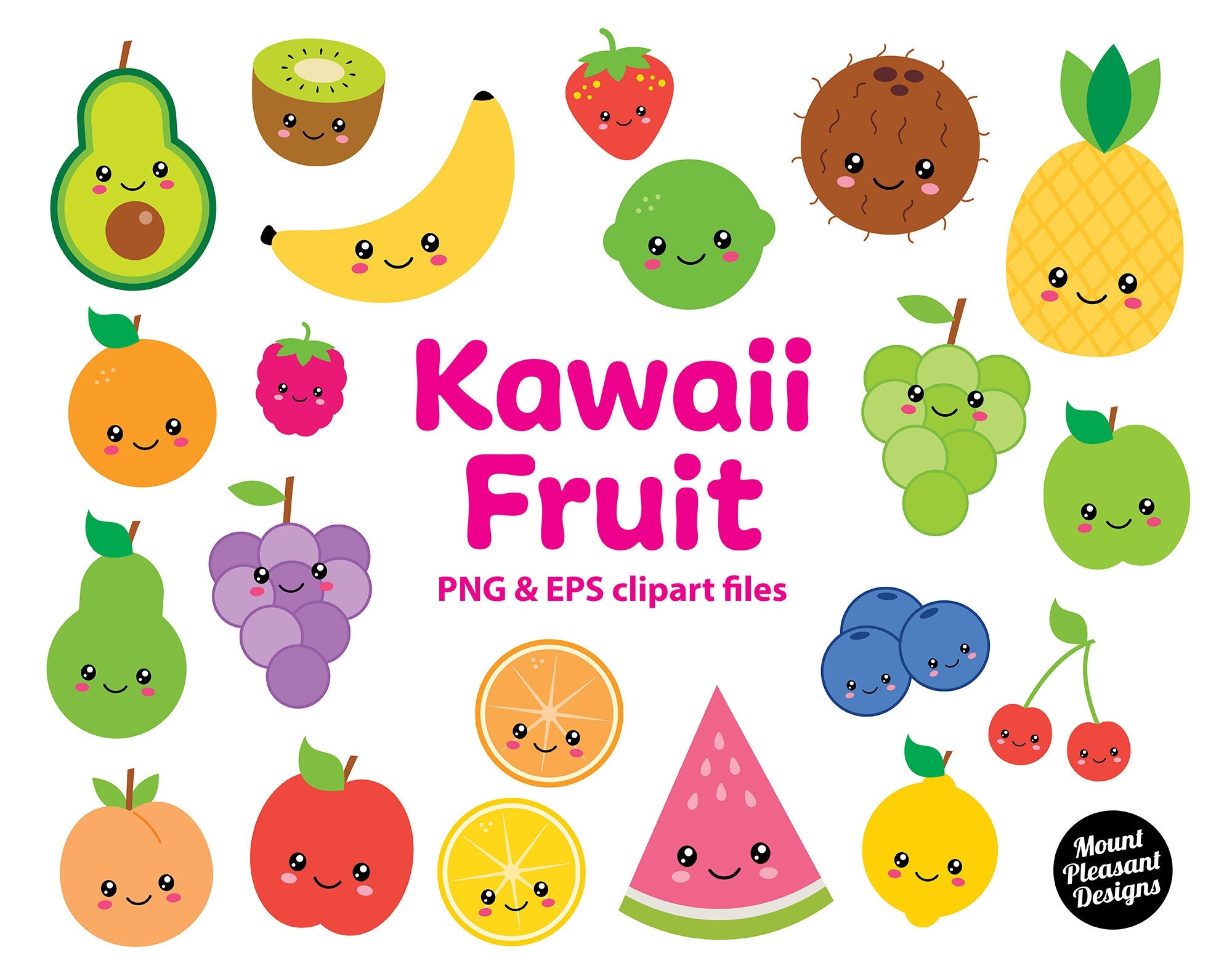 Kawaii Fruit Clipart Cute Cartoon Fruit Clip Art PNG U0026 EPS Files Instant Download Etsy