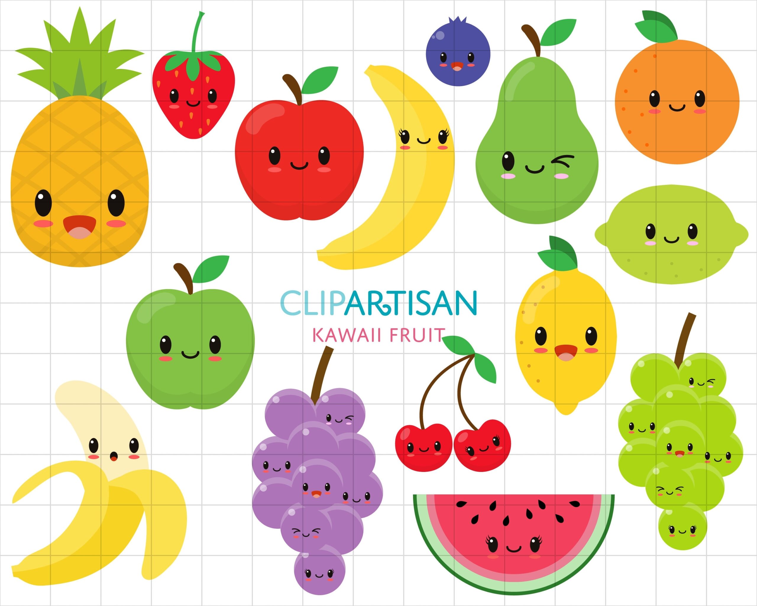 Kawaii Fruit Cute Fruit Clipart Happy Fruit Clip Art Etsy