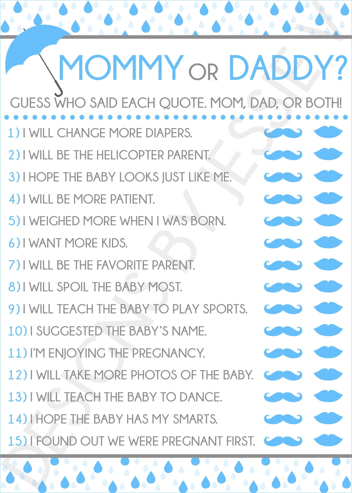 Mommy Or Daddy Printable Baby Shower Game Guess Who Game Instant Download Mom Or Dad Raindrop Theme Umbrella Theme Baby Shower 008