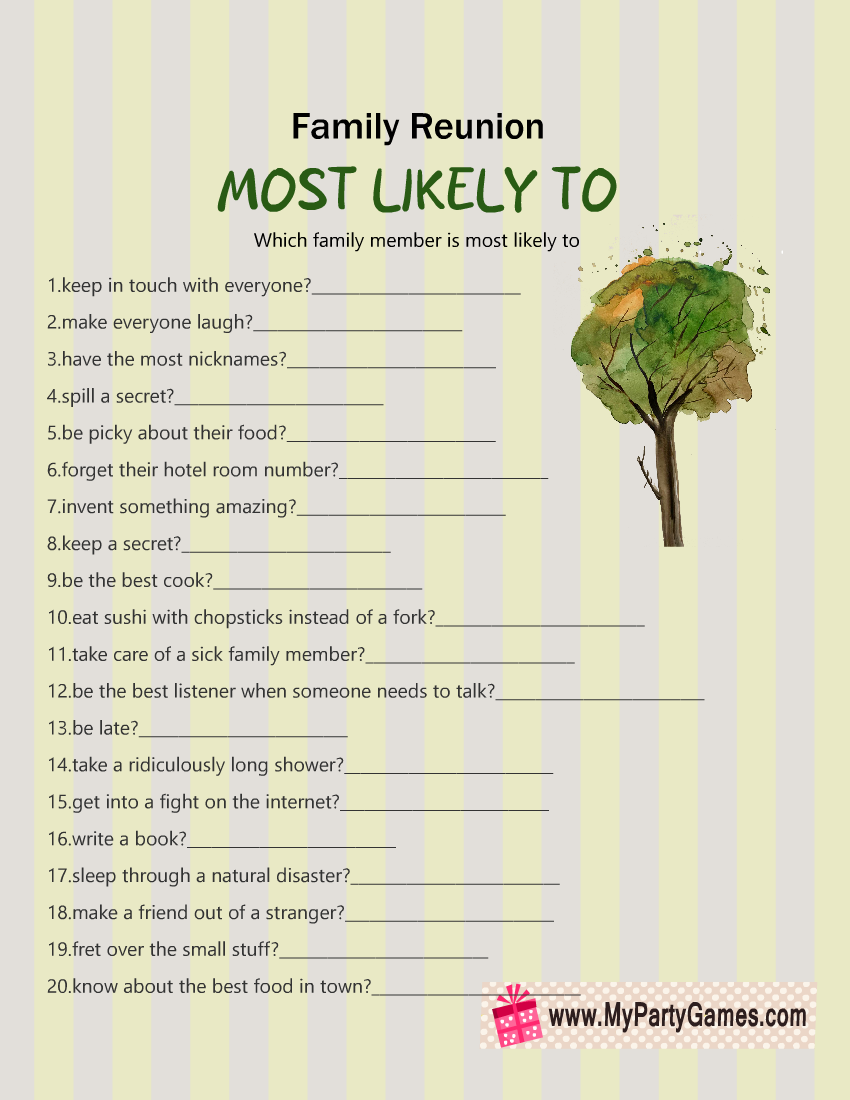 Most Likely To Free Printable Family Reunion Game