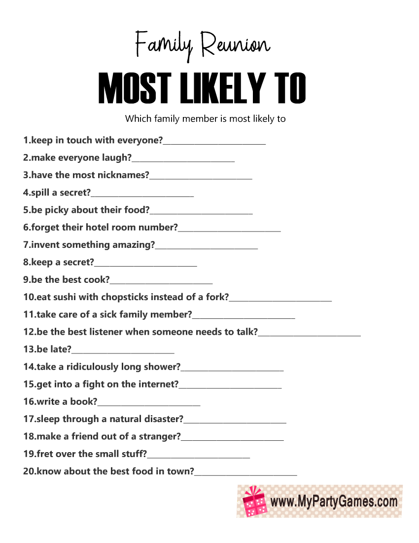 Most Likely To Free Printable Family Reunion Game