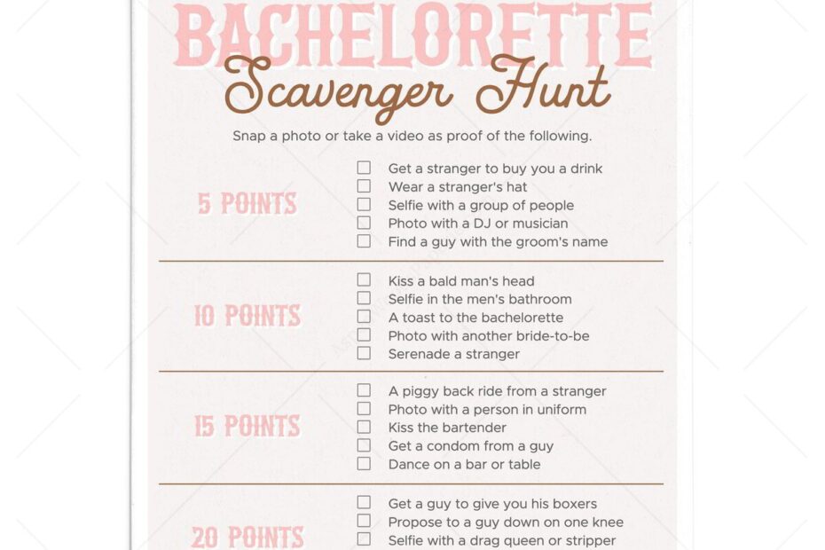 Pink Cowgirl Hat Bachelorette Party Scavenger Hunt Printable Western