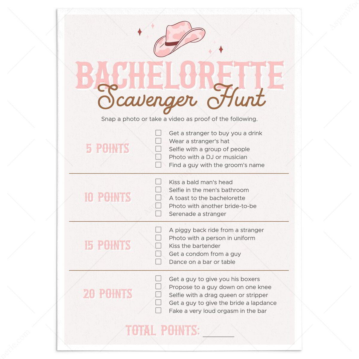 Pink Cowgirl Hat Bachelorette Party Scavenger Hunt Printable Western