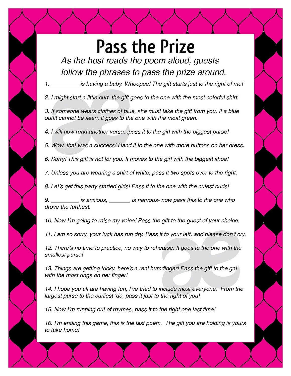 Printable Baby Shower Activity Pass The Prize Instant Download Customizable Pink Black Etsy
