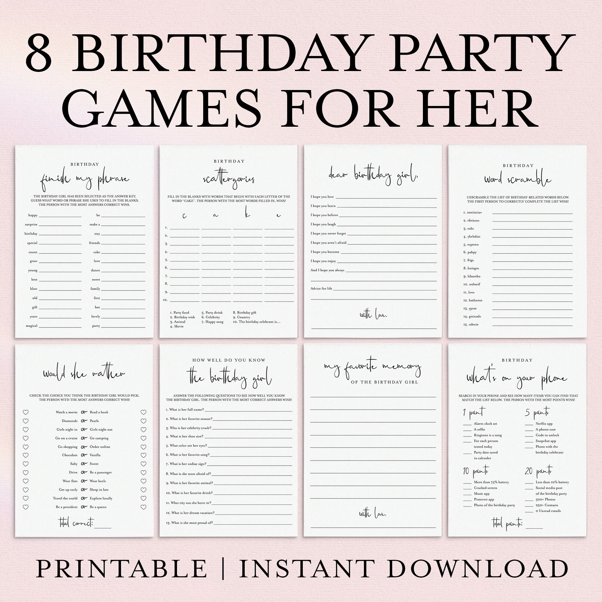 Printable Birthday Games For Her Birthday Party Game Bundle 