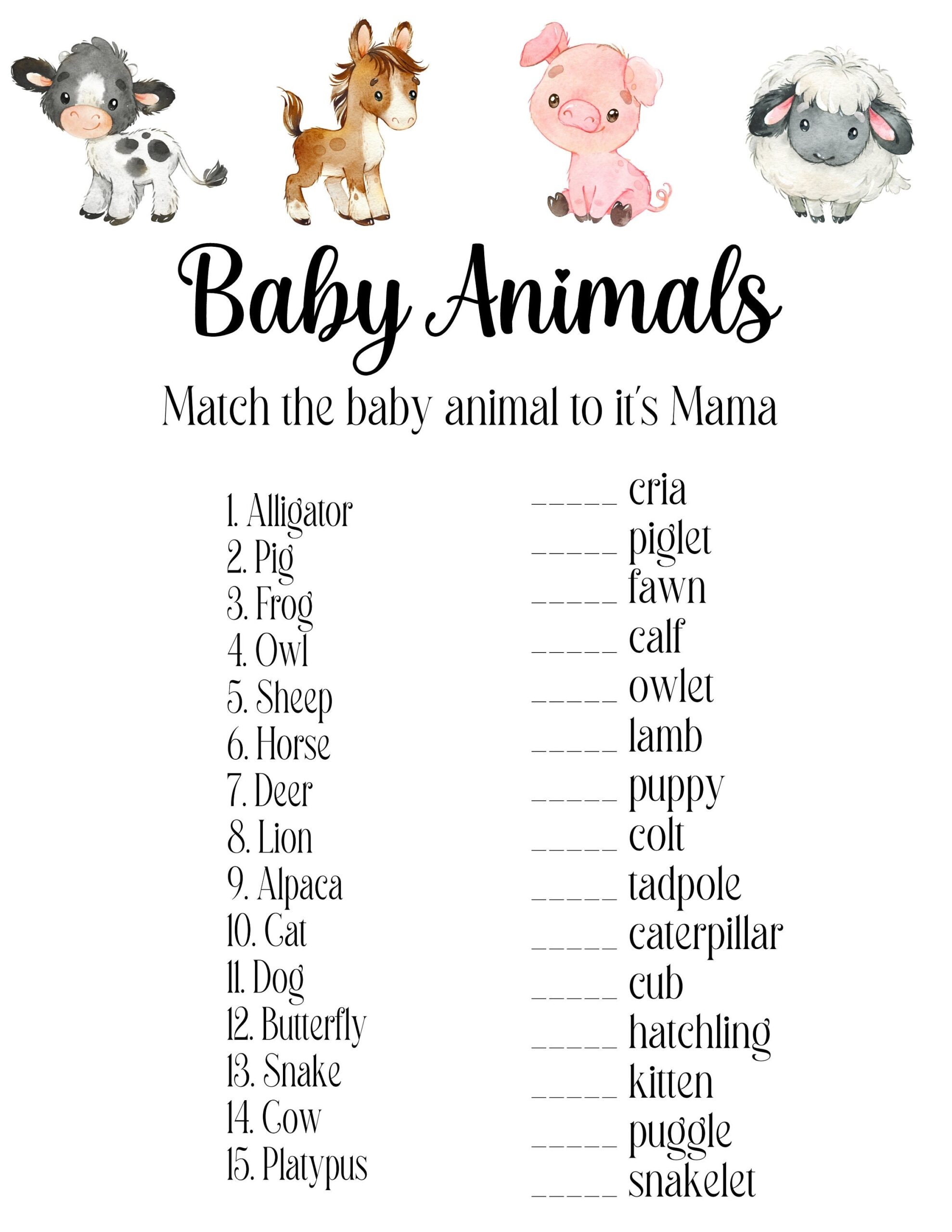 Printable Farm Animal Baby Shower Game Match Baby To It s Mama Baby Animals Farm Baby Shower Baby Shower Games Digital Download