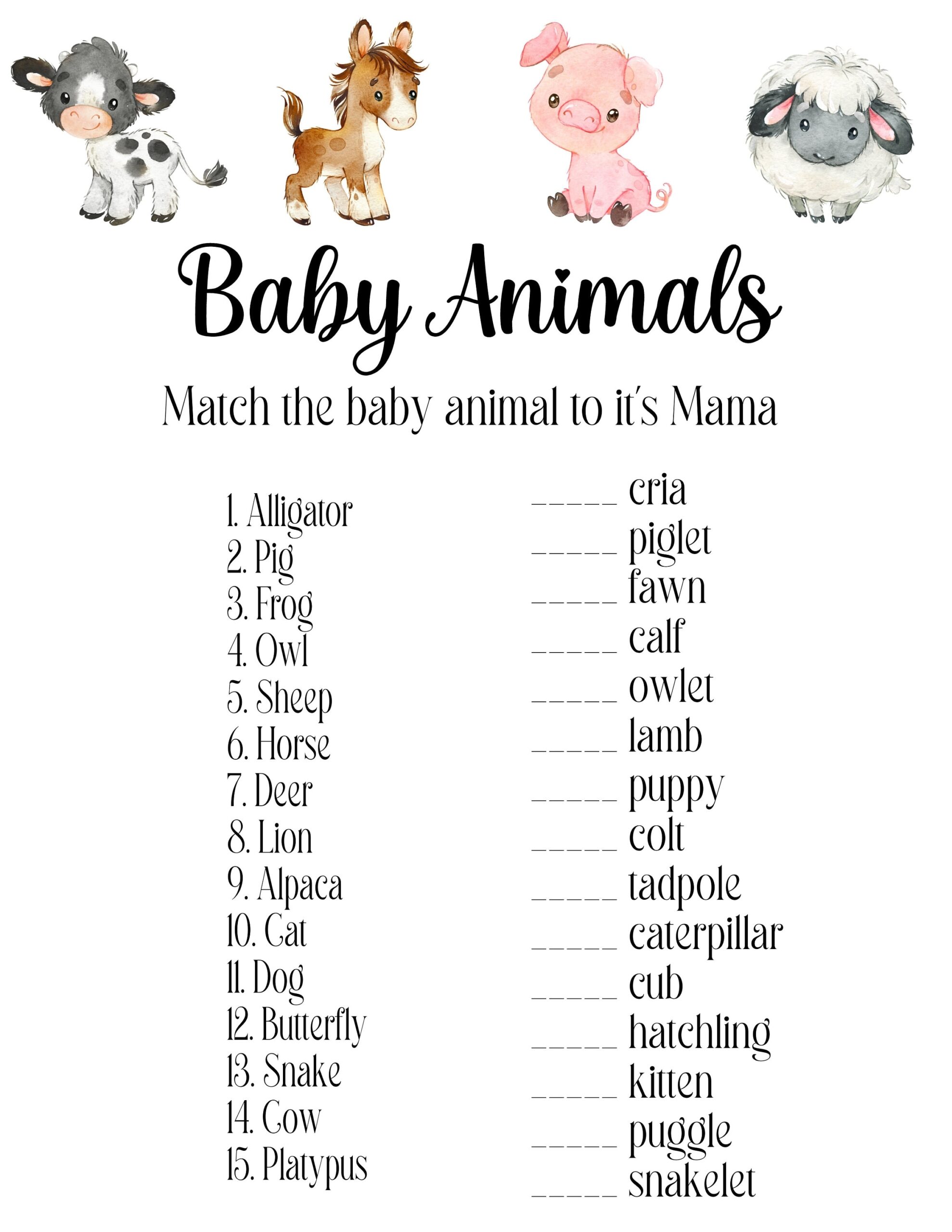 Printable Farm Animal Baby Shower Game Match Baby To It s Mama 