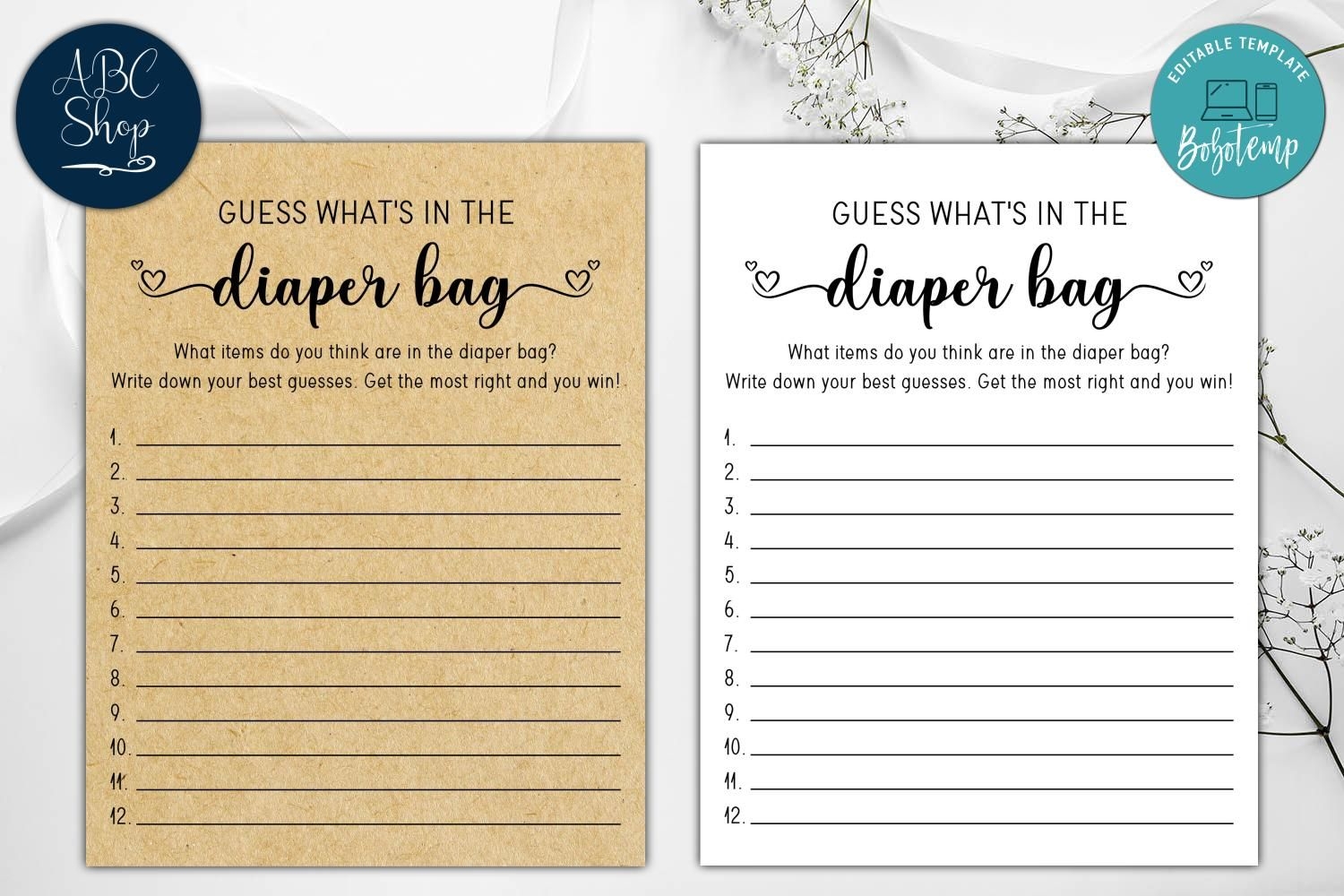 free printable baby shower guess diaper bag game