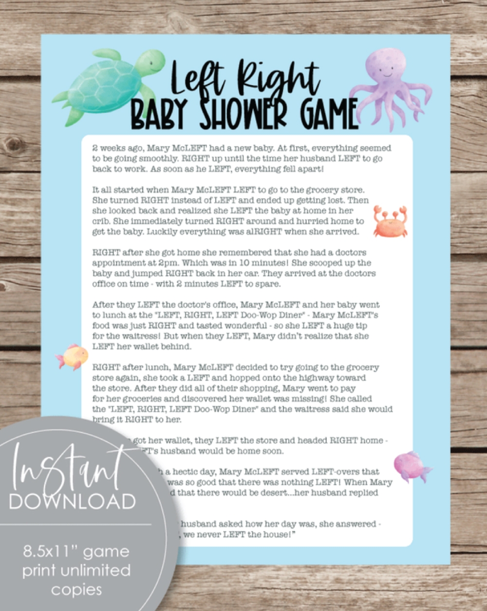 Printable Left Right Baby Shower Game Sea Creatures Under The 