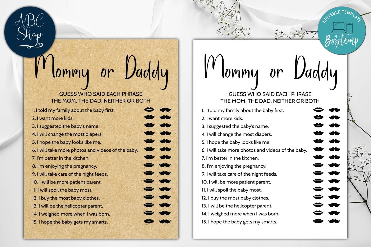 free printable baby shower game mom or dad