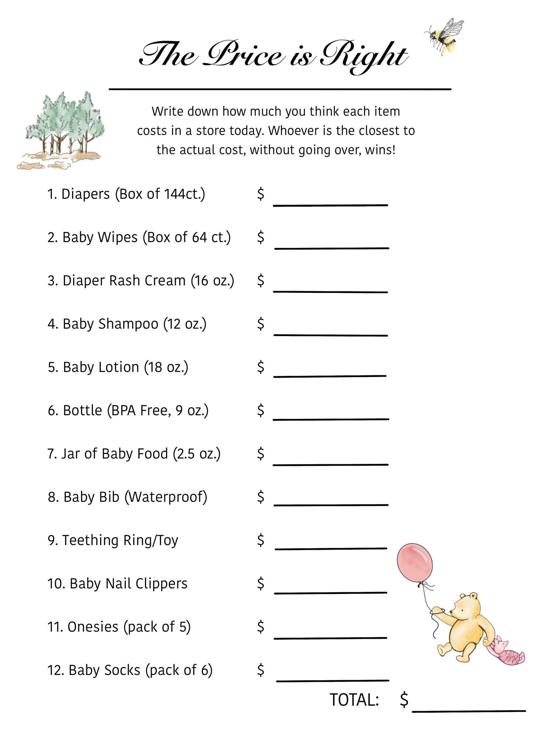 Printable Price Is Right Baby Shower Game Winnie The Pooh