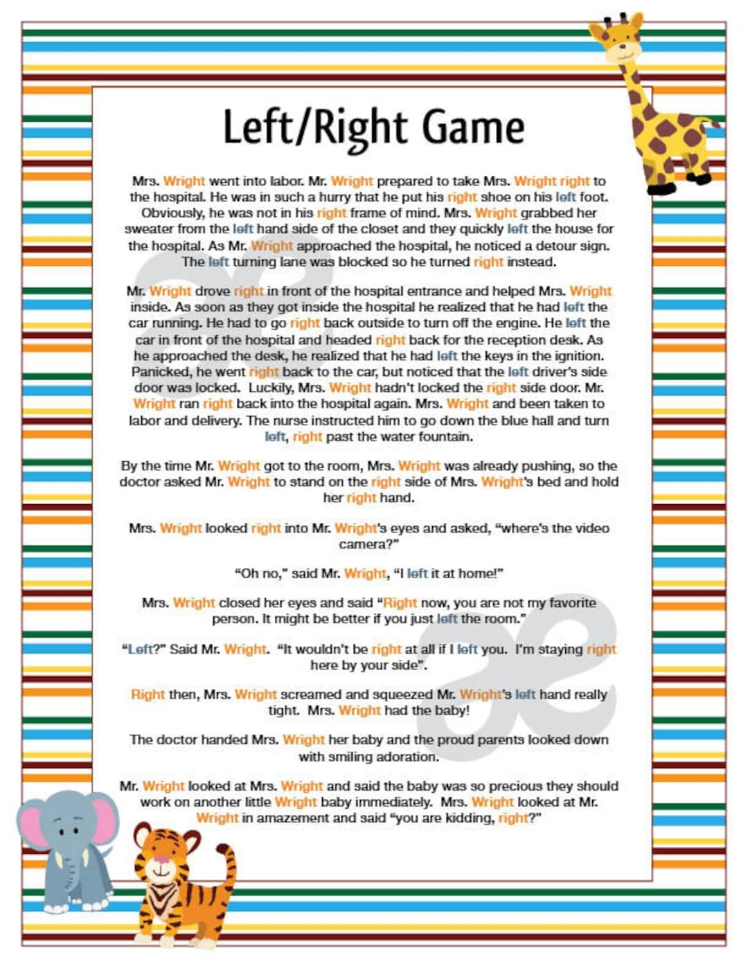 Printable Shower Game Left Right Game Instant Download Jungle Etsy