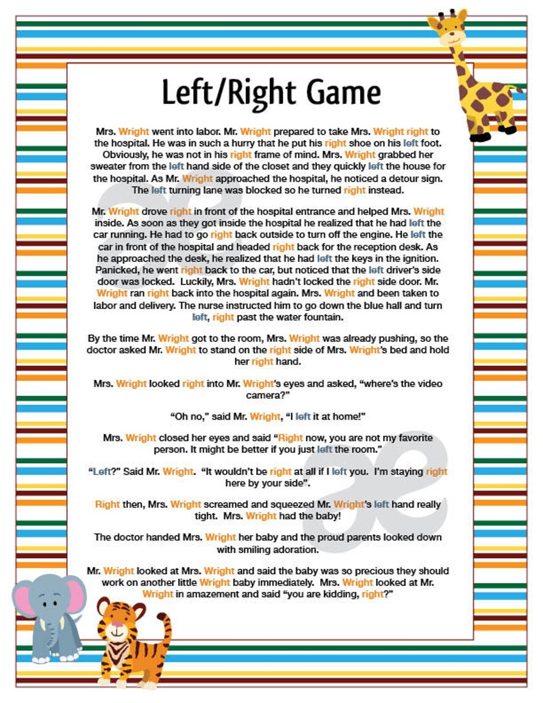 Printable Shower Game Left Right Game Instant Download Jungle Etsy