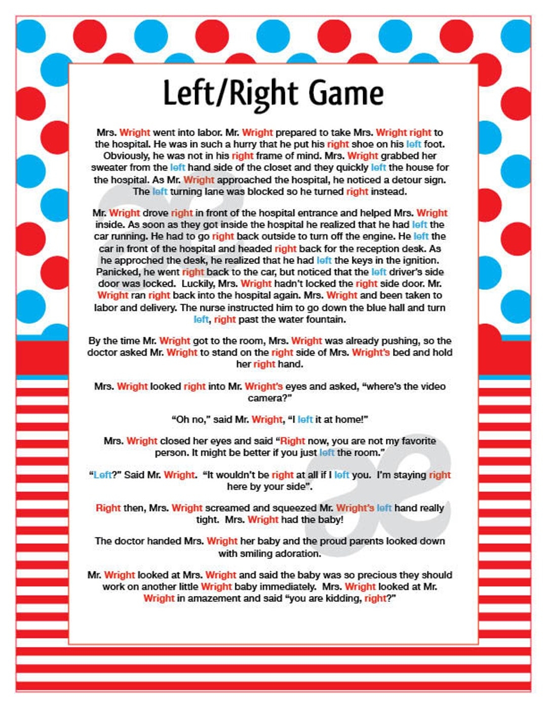 Printable Shower Game Left Right Game Instant Download Seuss Etsy