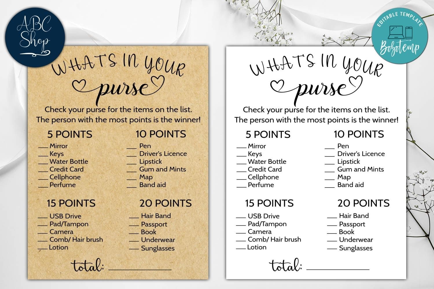 Printable Whats In Your Purse Baby Shower Game Instant Download Bobotemp