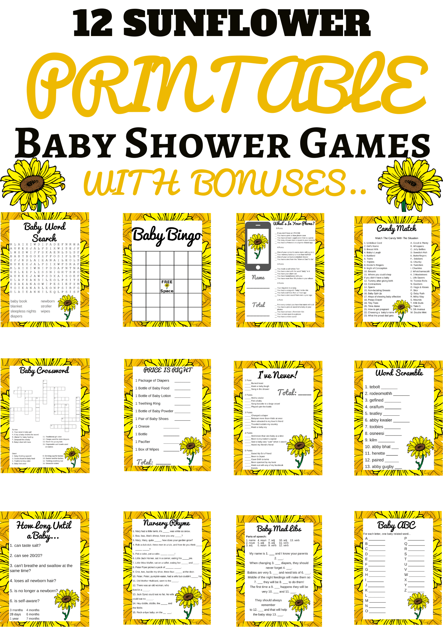 Sunflower Baby Shower Printable Games