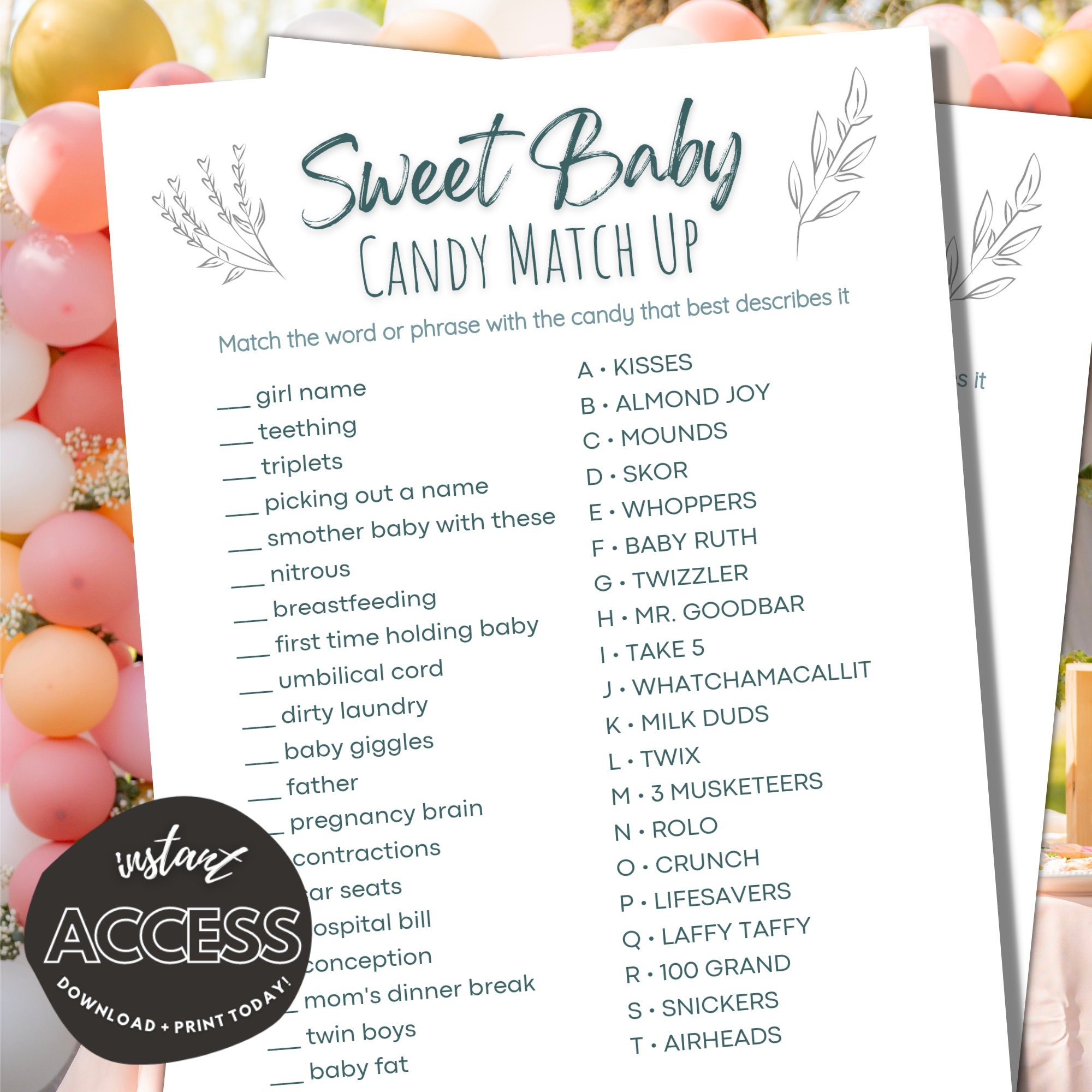 Sweet Baby Candy Match Game W Answer Key Baby Shower Activity Instant Download Printable Digital Unique Fun Pregnancy Game