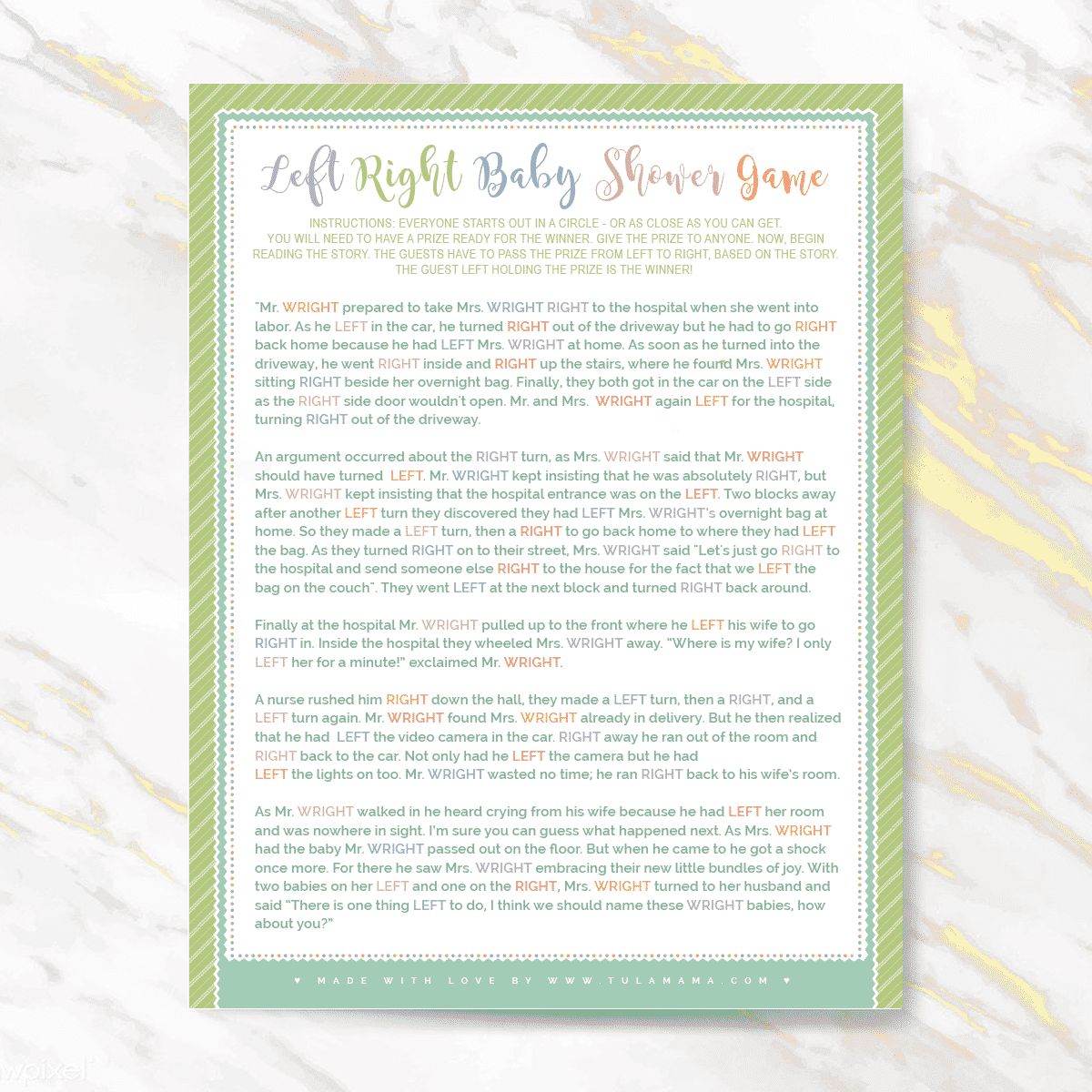 free printable baby shower left right game