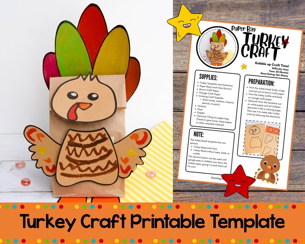 Turkey Craft Thanksgiving Printable Template And Directions craft Decoration Puppet Treat Bag Etsy