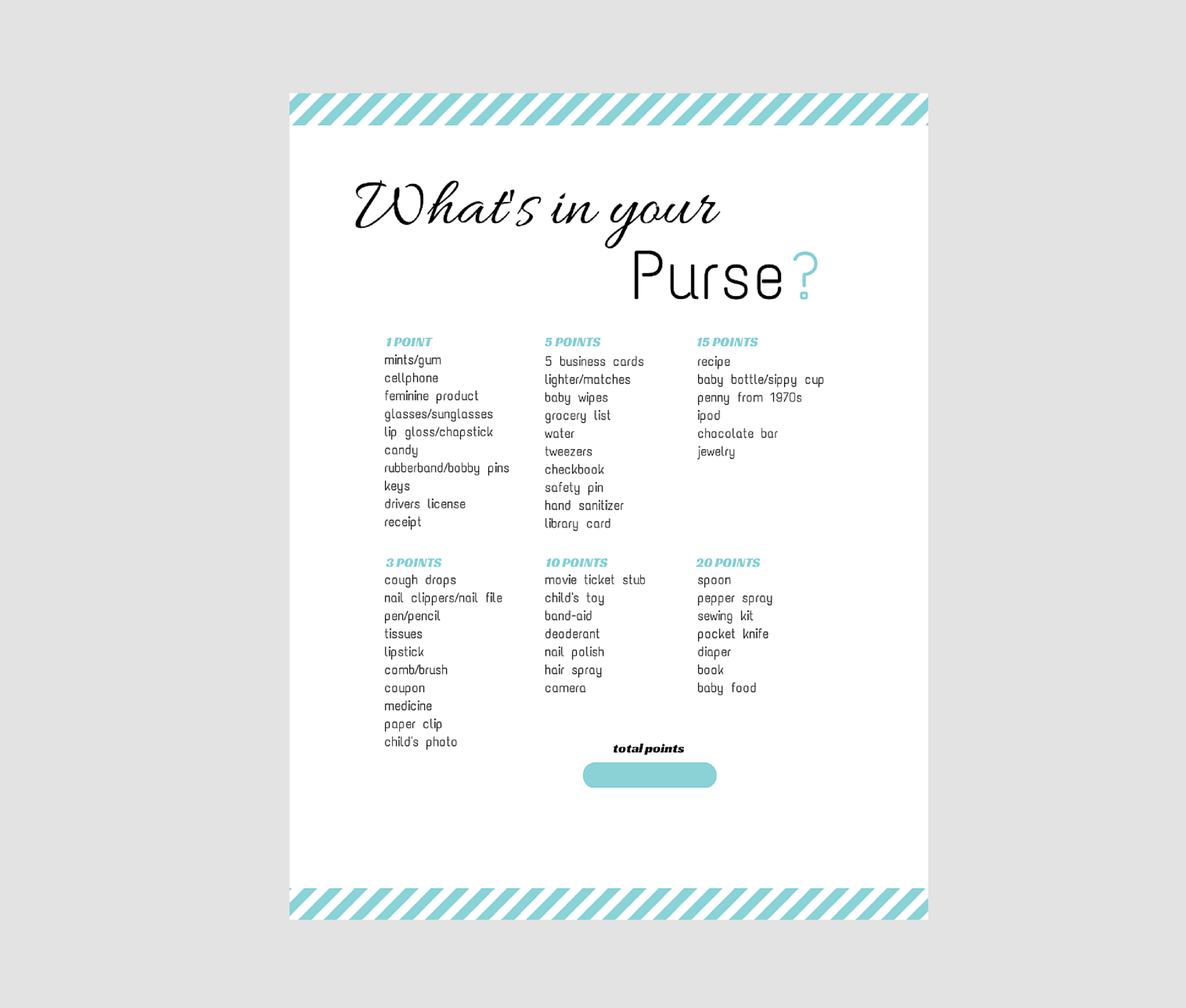 What s In Your Purse Baby Shower Game 3 Colors Magical Printable