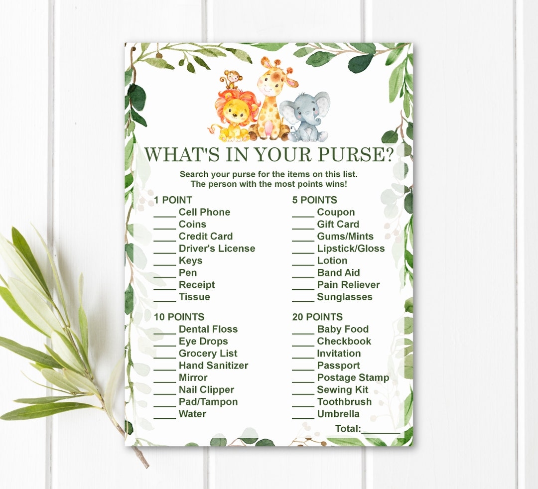 What s In Your Purse Baby Shower Game Jungle Baby Shower Game Printable Safari Baby Shower Game NOT Editable 0128 Etsy