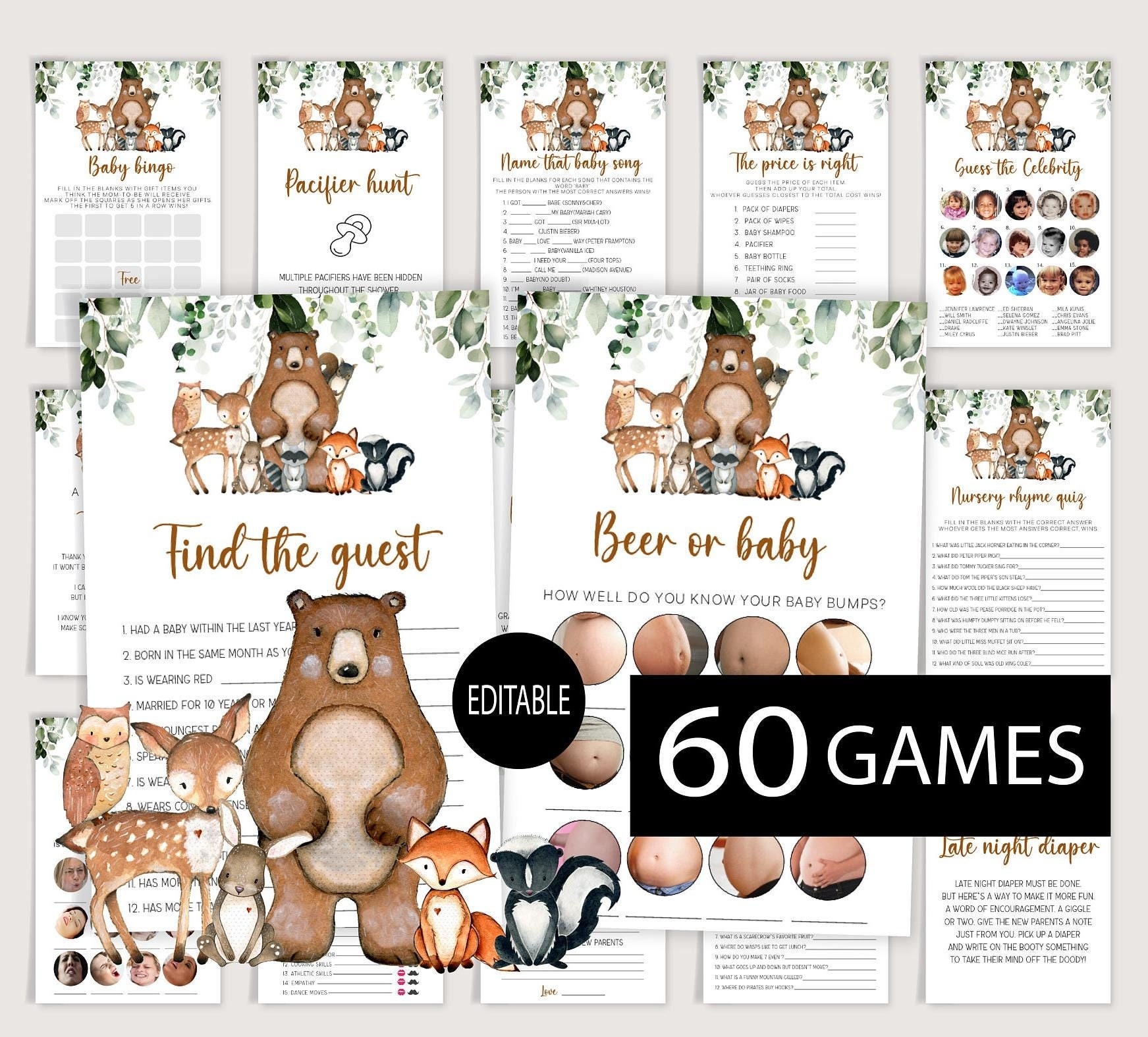Woodland Baby Shower Game Bundle baby Shower Games woodland Animal Game Set editable Woodland Games 60 Games Included And Answer Sheets Etsy