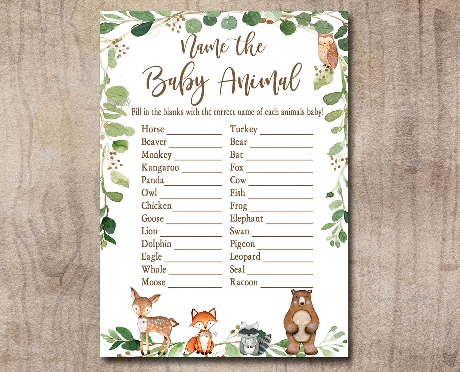 Woodland Baby Shower Game Name The Baby Animal Game Gender 