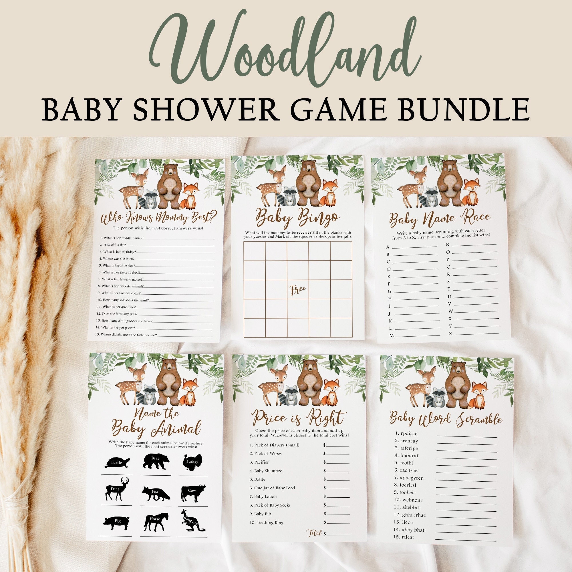 Woodland Baby Shower Games Bundle Printable Baby Shower Games 