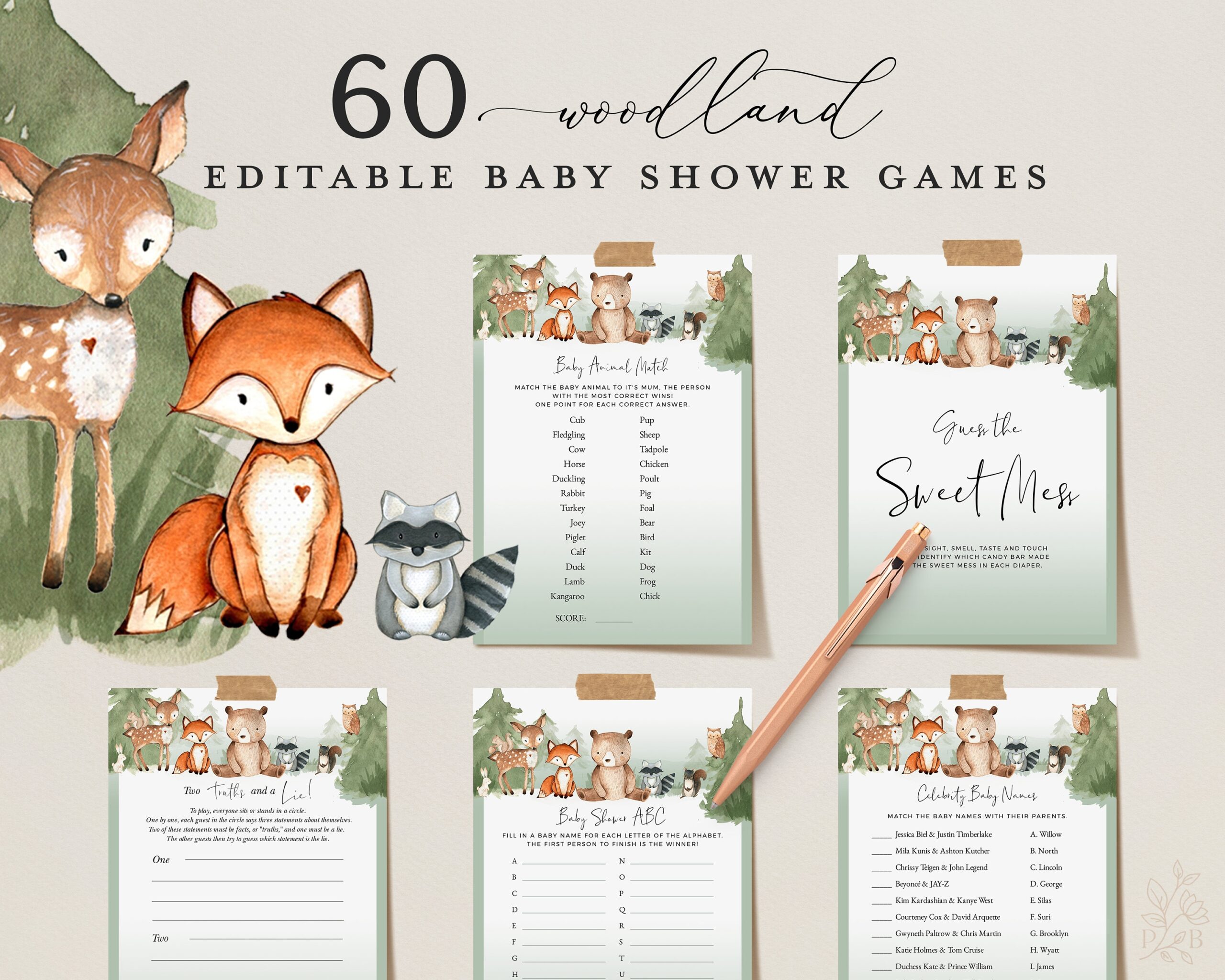 WOODLAND Editable Baby Shower Games Printable Animal Baby Shower 