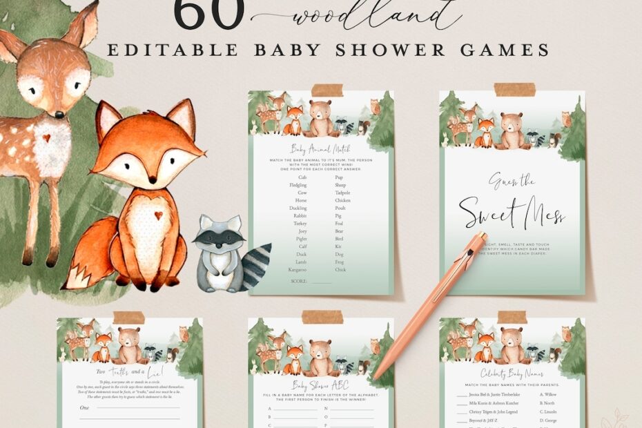 WOODLAND Editable Baby Shower Games Printable Animal Baby Shower Games Baby Party Games Bundle Virtual Games Bear Fox Squirrel Raccoon Etsy