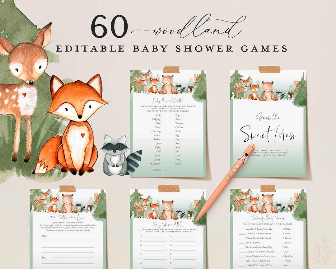 WOODLAND Editable Baby Shower Games Printable Animal Baby Shower Games Baby Party Games Bundle Virtual Games Bear Fox Squirrel Raccoon Etsy