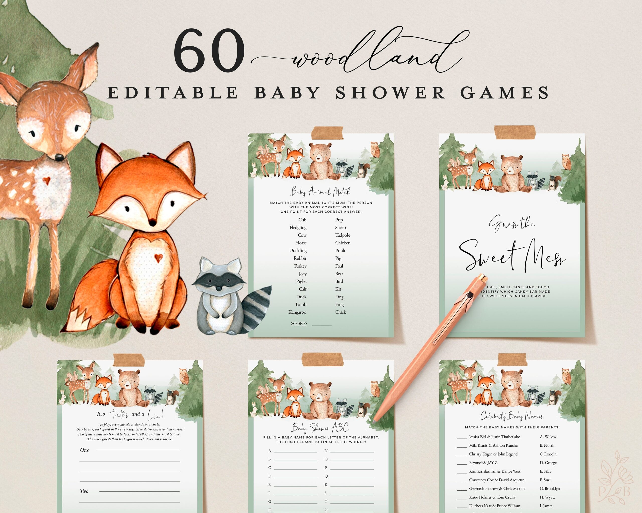 WOODLAND Editable Baby Shower Games Printable Animal Baby Shower 