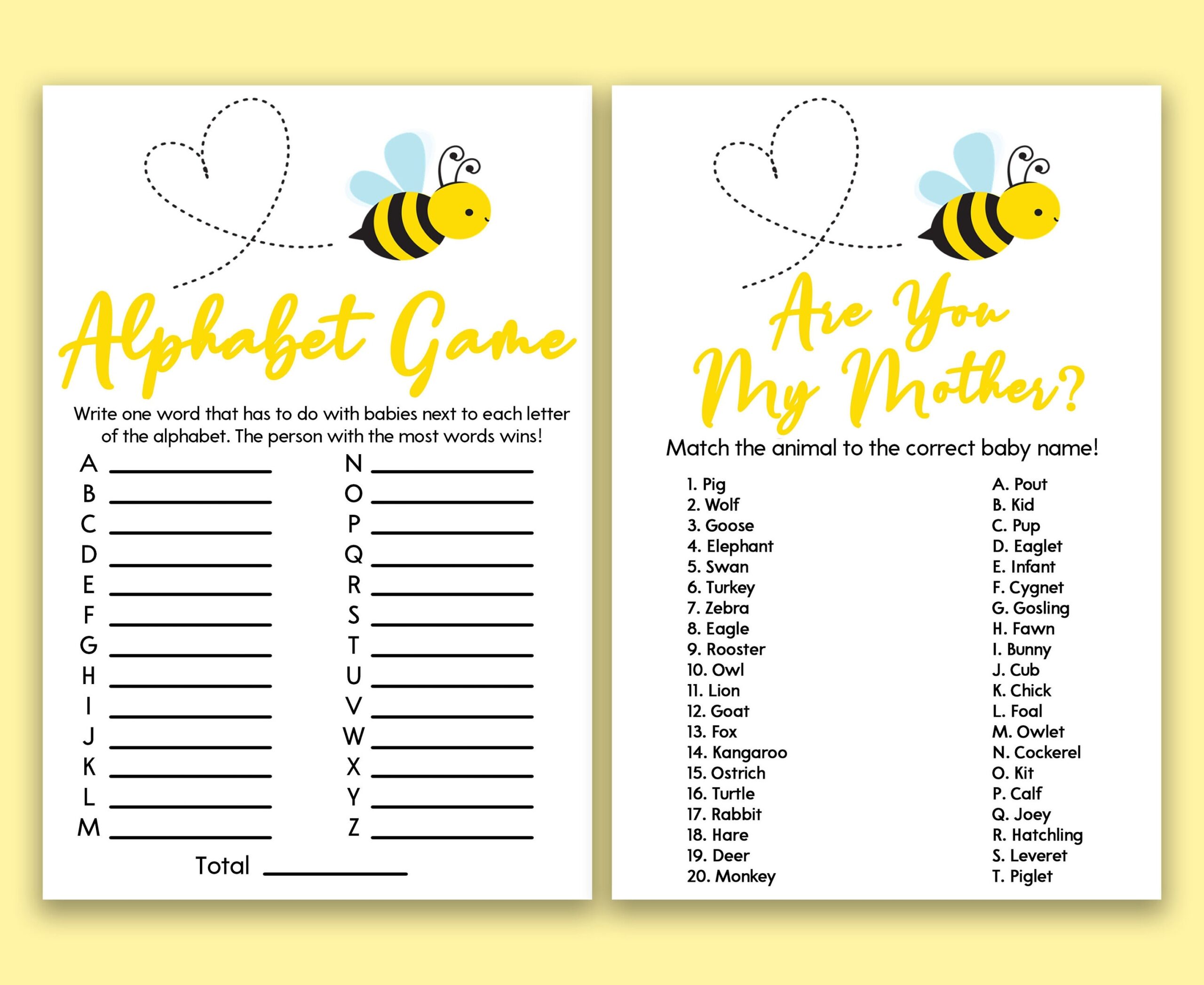 Yellow Bumble Bee Themed Baby Shower Game Pack Printable Baby Shower Games Games For Baby Shower Baby Shower Games Package Etsy