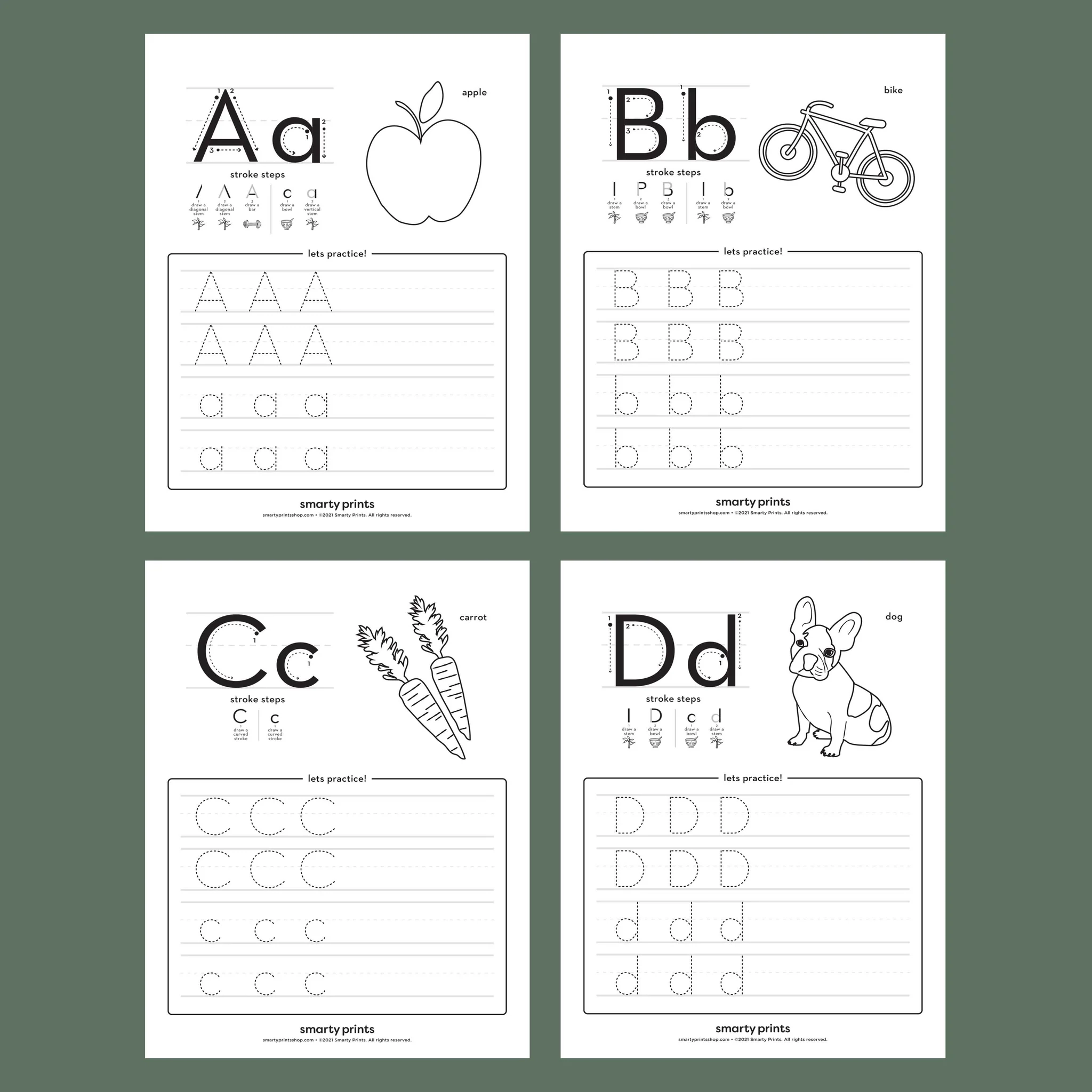 Alphabet Practice Sheets ABC Tracing Worksheets Penmanship Handwriti Smarty Prints