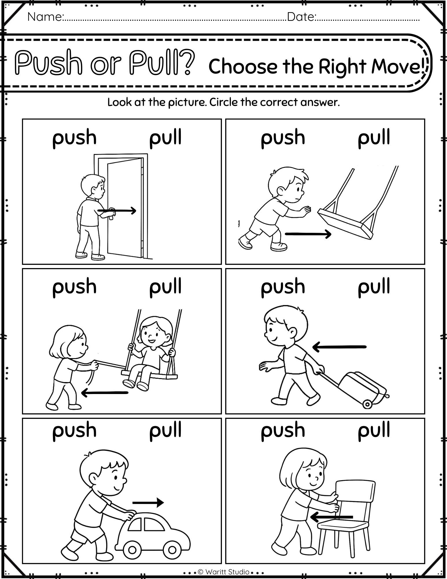push pull worksheets for kindergarten